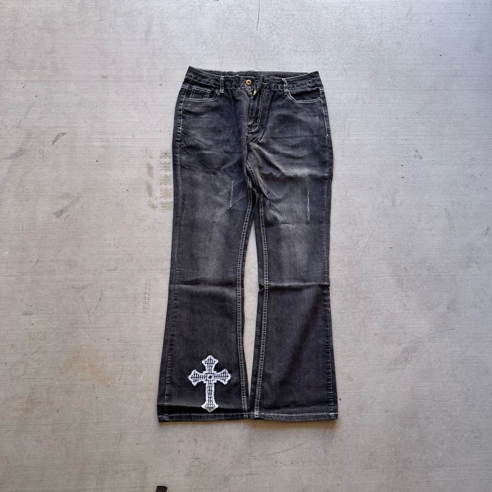 Affliction Black Flare Jeans with White Cross Detail